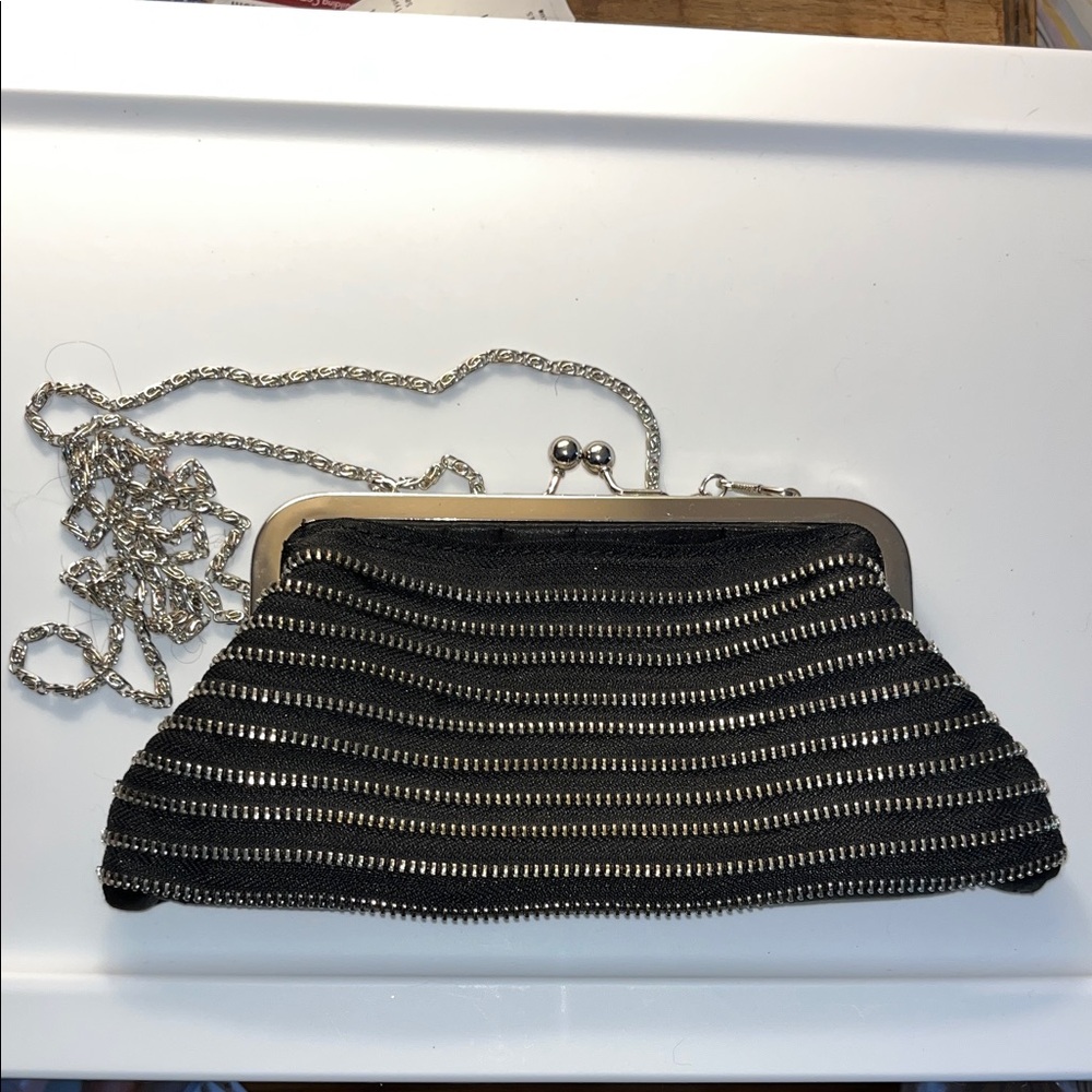 Elegant‎ Black and Silver Zipper Clutch Evening Bag